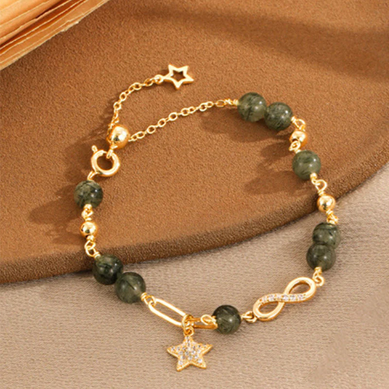 Bracciale Buddha Stones in rame placcato oro 14k con quarzo rutilato verde e anello Möbius, protezione della stella dell'amore eterno - Image 6
