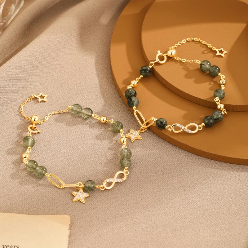 Bracciale Buddha Stones in rame placcato oro 14k con quarzo rutilato verde e anello Möbius, protezione della stella dell'amore eterno - Image 7