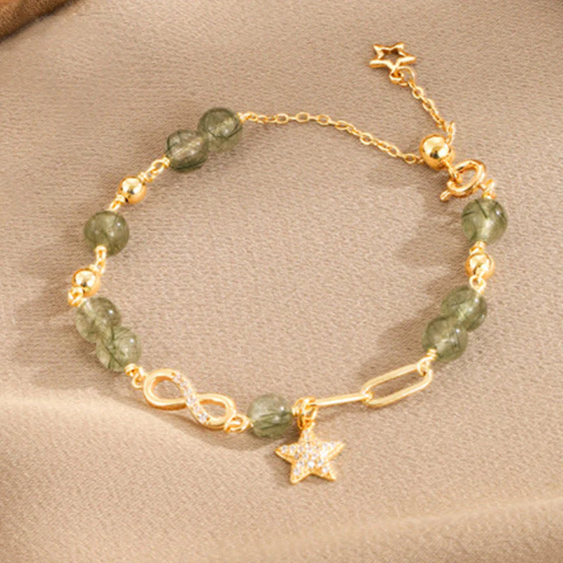 Bracciale Buddha Stones in rame placcato oro 14k con quarzo rutilato verde e anello Möbius, protezione della stella dell'amore eterno - Image 8