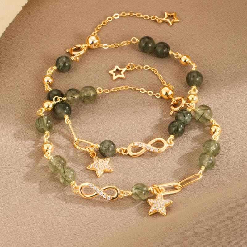 Bracciale Buddha Stones in rame placcato oro 14k con quarzo rutilato verde e anello Möbius, protezione della stella dell'amore eterno - Image 9