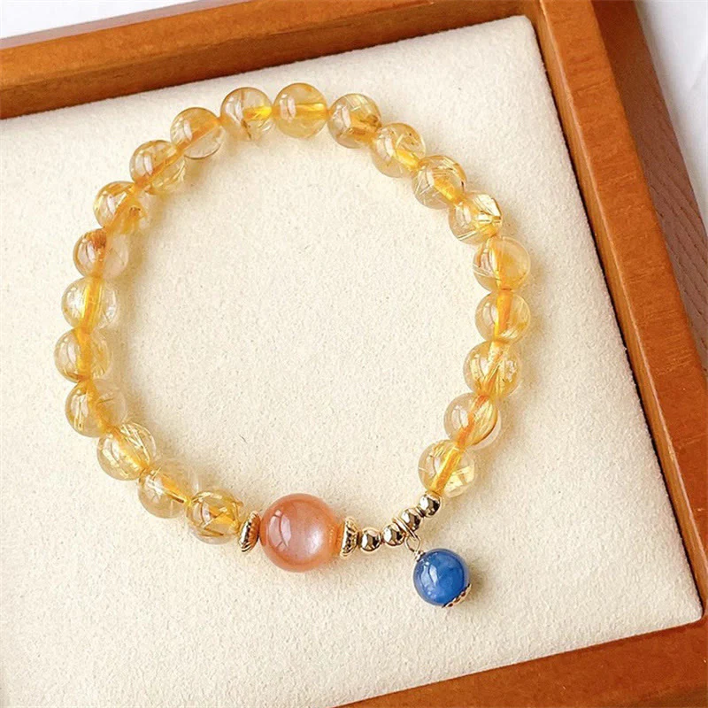Bracciale Buddha Stones in oro naturale, quarzo rutilato, pietra del sole, cianite, ricchezza