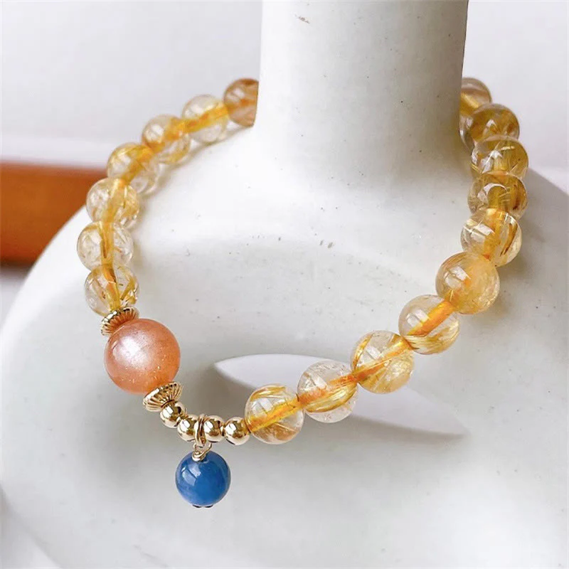 Bracciale Buddha Stones in oro naturale, quarzo rutilato, pietra del sole, cianite, ricchezza - Image 2