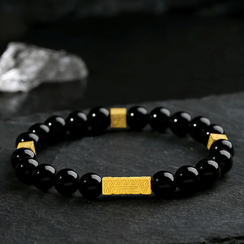 Bracciale Buddha Stones in ossidiana nera, argento sterling 925, carattere Fu, cubo, forza - Image 2