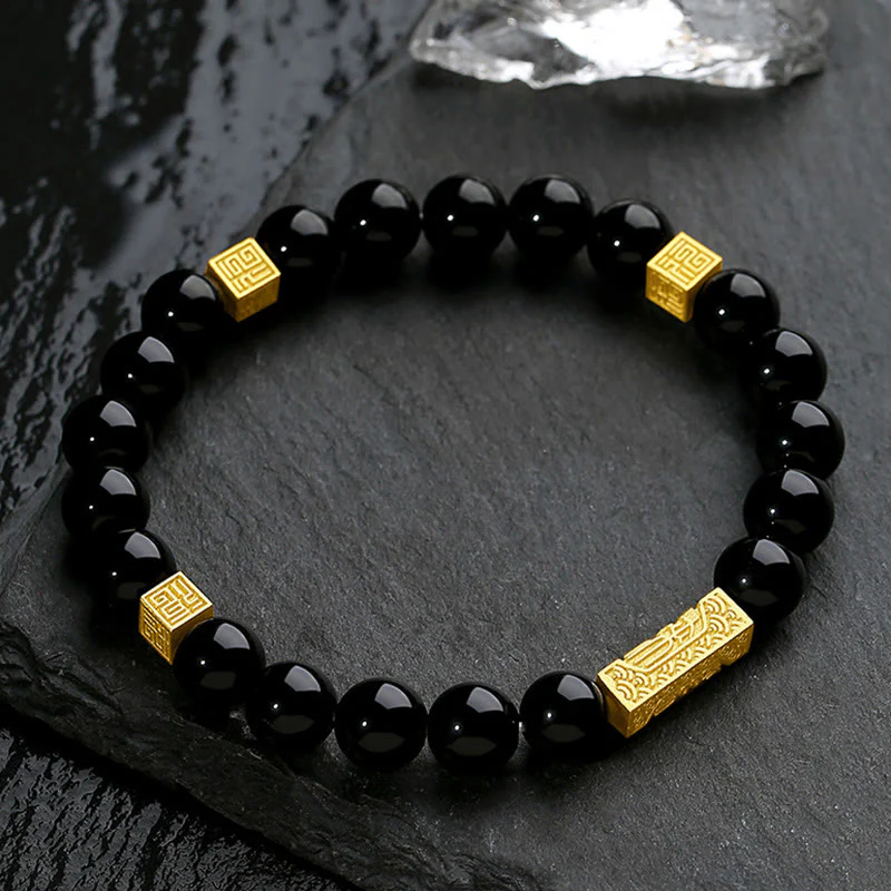 Bracciale Buddha Stones in ossidiana nera, argento sterling 925, carattere Fu, cubo, forza - Image 3