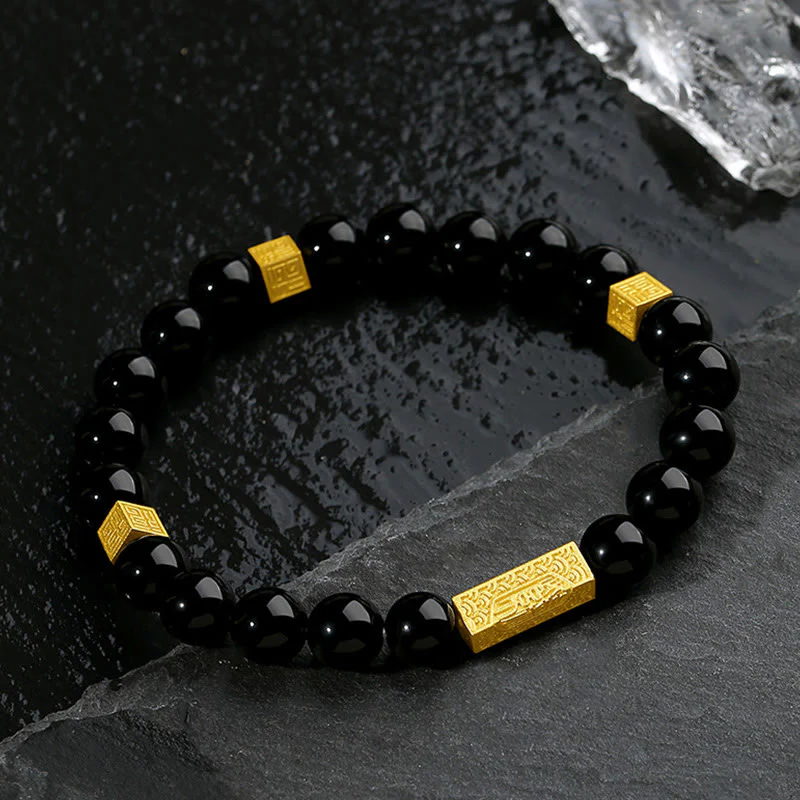 Bracciale Buddha Stones in ossidiana nera, argento sterling 925, carattere Fu, cubo, forza - Image 4
