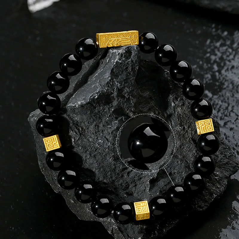 Bracciale Buddha Stones in ossidiana nera, argento sterling 925, carattere Fu, cubo, forza - Image 5