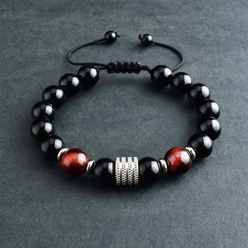 Bracciale Buddha Stones in ossidiana nera naturale con occhio di tigre e forza - Image 12