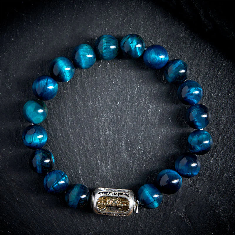 Bracciale Buddha Stones Natural Blue Tiger Eye Om Mani Padme Hum Strength - Image 2