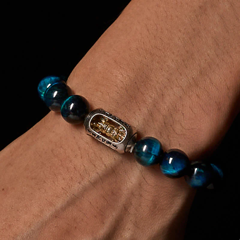 Bracciale Buddha Stones Natural Blue Tiger Eye Om Mani Padme Hum Strength - Image 3