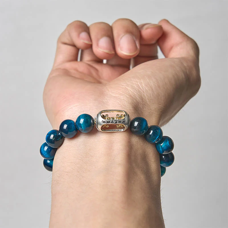 Bracciale Buddha Stones Natural Blue Tiger Eye Om Mani Padme Hum Strength - Image 4
