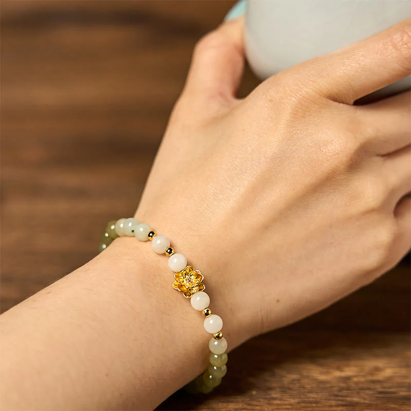 Bracciale Buddha Stones Natural Hetian Jade Gradient Lotus Abbondanza - Image 6
