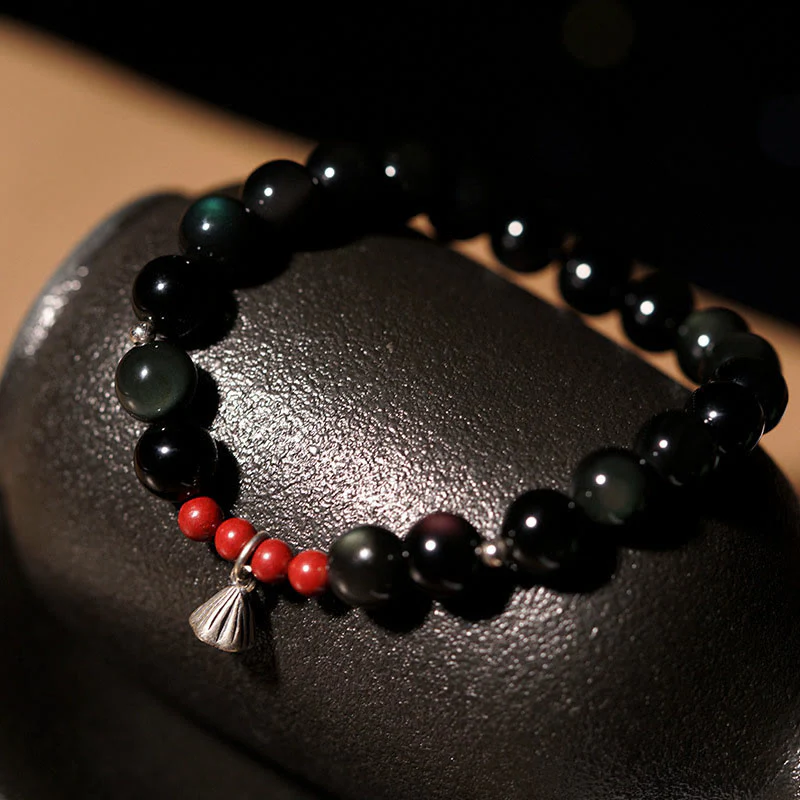 Bracciale Buddha Stones Naturale Ossidiana Nera Cinabro Loto Ciondolo Forza Soddisfazione - Image 5
