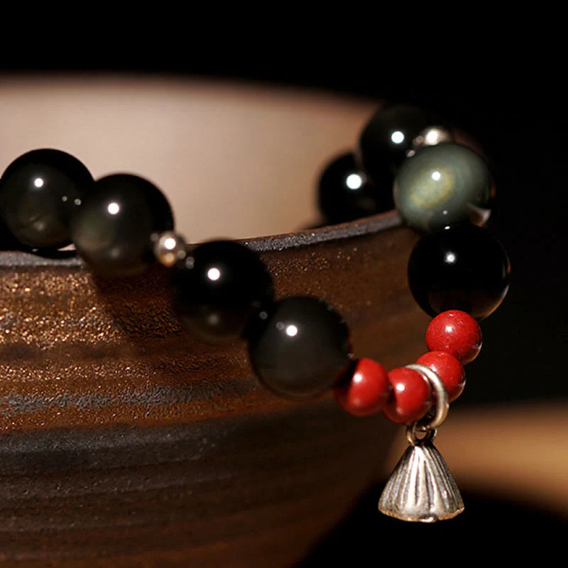 Bracciale Buddha Stones Naturale Ossidiana Nera Cinabro Loto Ciondolo Forza Soddisfazione - Image 6