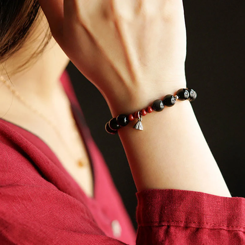 Bracciale Buddha Stones Naturale Ossidiana Nera Cinabro Loto Ciondolo Forza Soddisfazione - Image 8