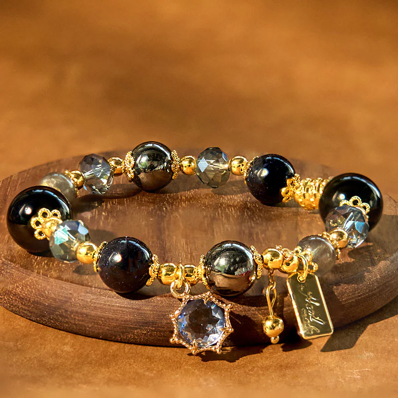 Bracciale Buddha Stones Naturale Ossidiana Nera Ematite Blu Arenaria Forza - Image 2