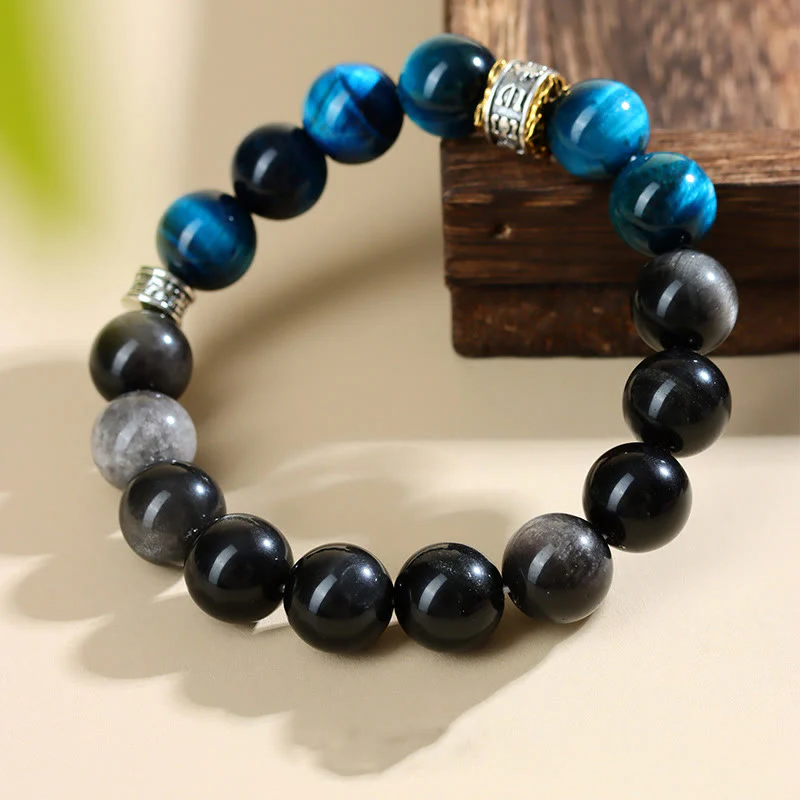 Bracciale Buddha Stones Occhio di Tigre Blu Argento Ossidiana Forza - Image 2