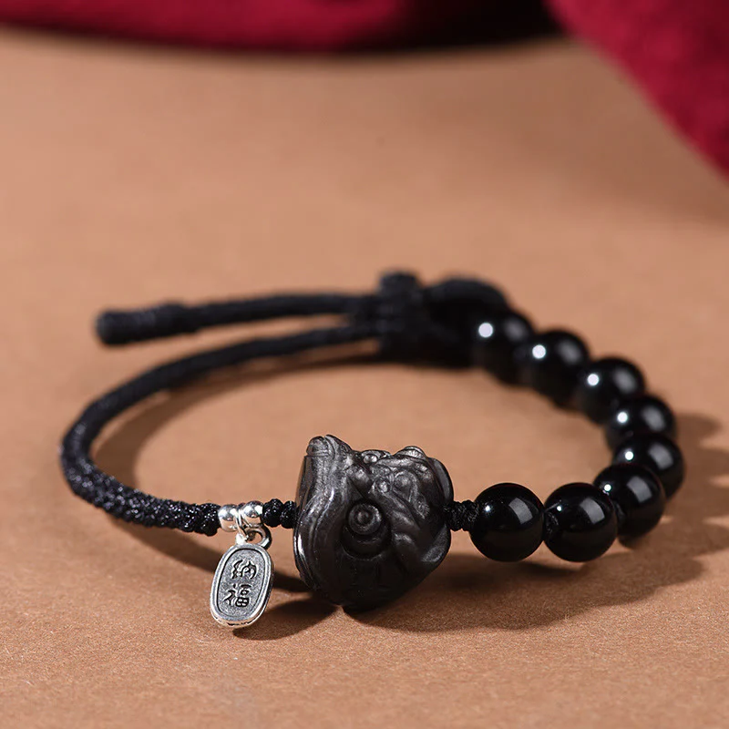 Bracciale Buddha Stones Ossidiana nera Argento lucido Ossidiana Gatto carino Leone danzante Forza - Image 7
