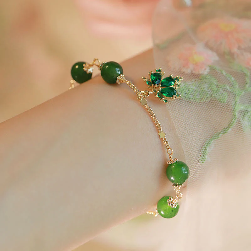 Bracciale Buddha Stones placcato oro 14k calcedonio verde foglia d'acero coraggio forza - Image 3
