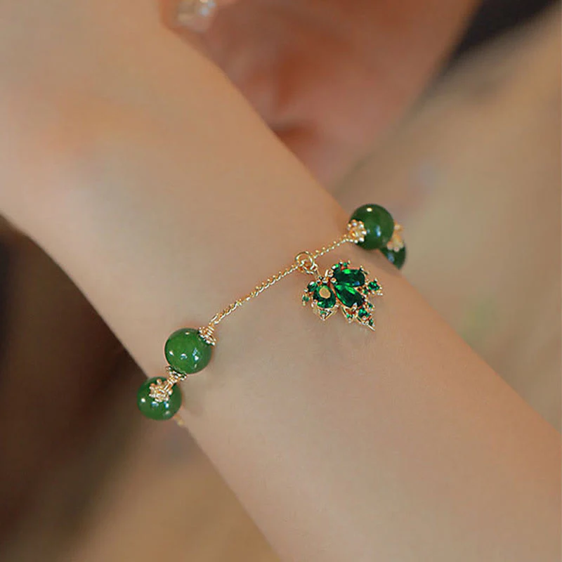 Bracciale Buddha Stones placcato oro 14k calcedonio verde foglia d'acero coraggio forza - Image 4