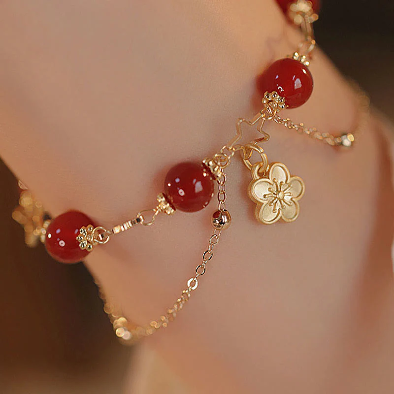 Bracciale Buddha Stones placcato oro 14k con ciondolo a forma di fiore di agata rossa e stella - Image 11
