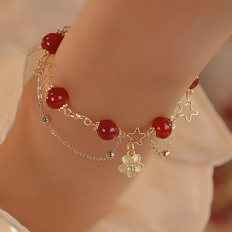 Bracciale Buddha Stones placcato oro 14k con ciondolo a forma di fiore di agata rossa e stella - Image 5