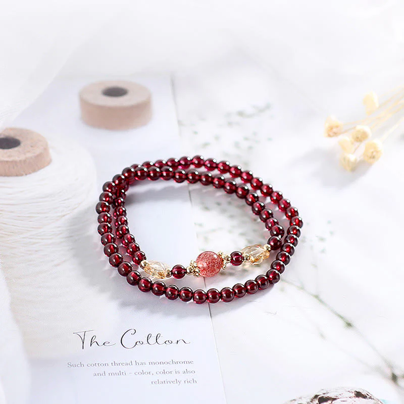 Bracciale Buddha Stones placcato oro 14K con protezione a farfalla in quarzo fragola granato naturale a doppio giro - Image 3