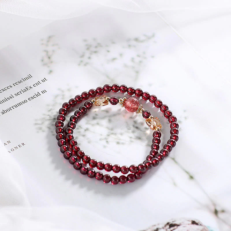 Bracciale Buddha Stones placcato oro 14K con protezione a farfalla in quarzo fragola granato naturale a doppio giro - Image 4