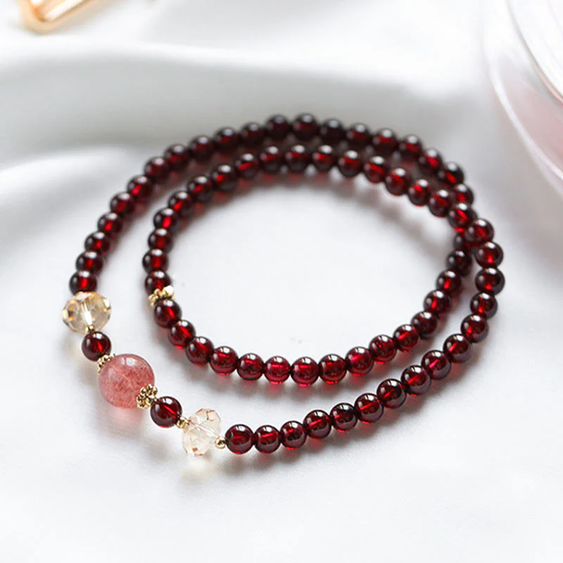 Bracciale Buddha Stones placcato oro 14K con quarzo fragola naturale e granato, stabilità a doppio giro - Image 2