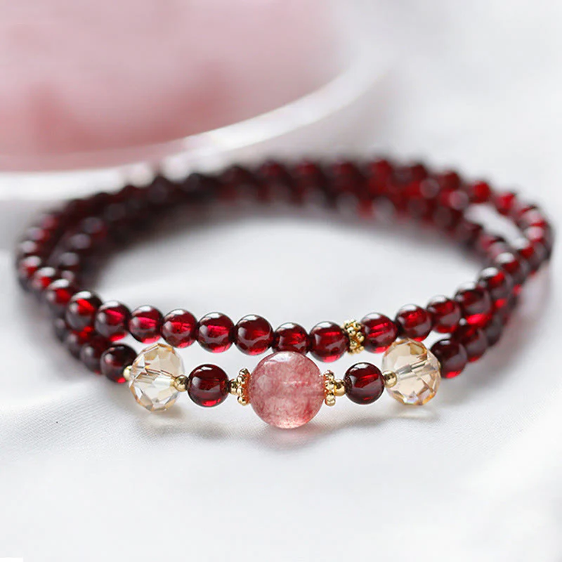 Bracciale Buddha Stones placcato oro 14K con quarzo fragola naturale e granato, stabilità a doppio giro - Image 4