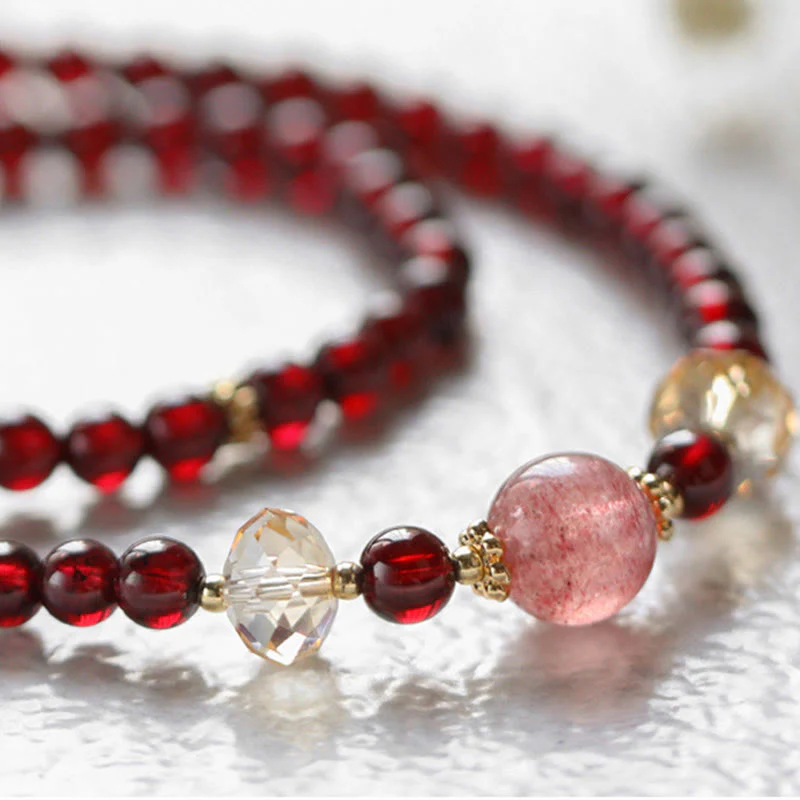 Bracciale Buddha Stones placcato oro 14K con quarzo fragola naturale e granato, stabilità a doppio giro - Image 7