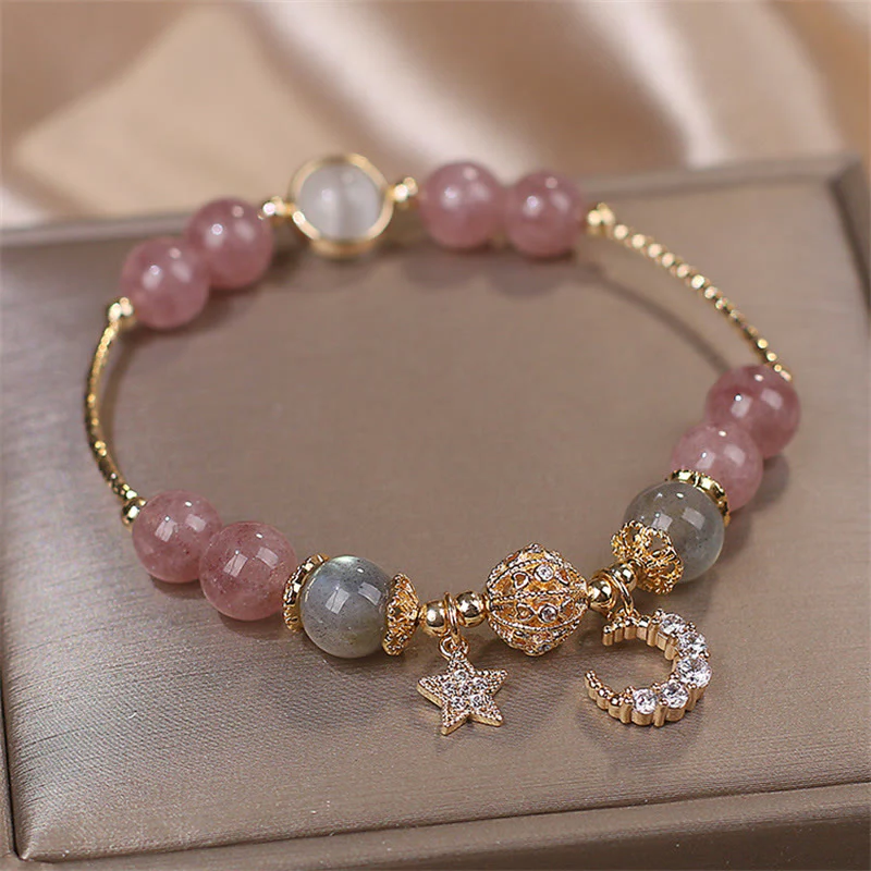 Bracciale Buddha Stones Quarzo fragola Pietra di luna Stella luna Amore - Image 3