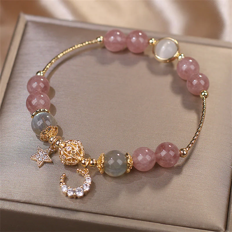 Bracciale Buddha Stones Quarzo fragola Pietra di luna Stella luna Amore - Image 5
