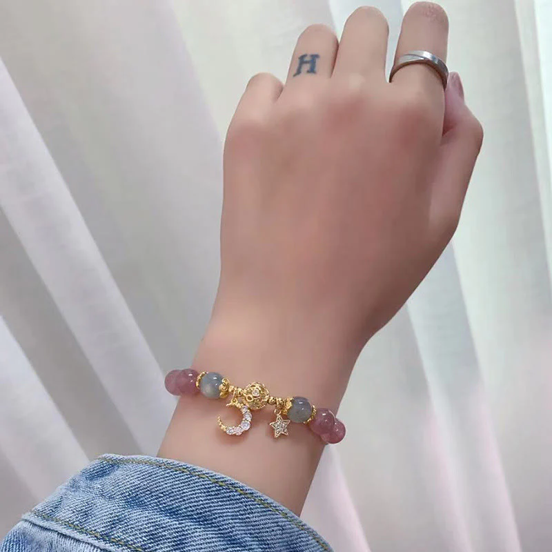 Bracciale Buddha Stones Quarzo fragola Pietra di luna Stella luna Amore - Image 9