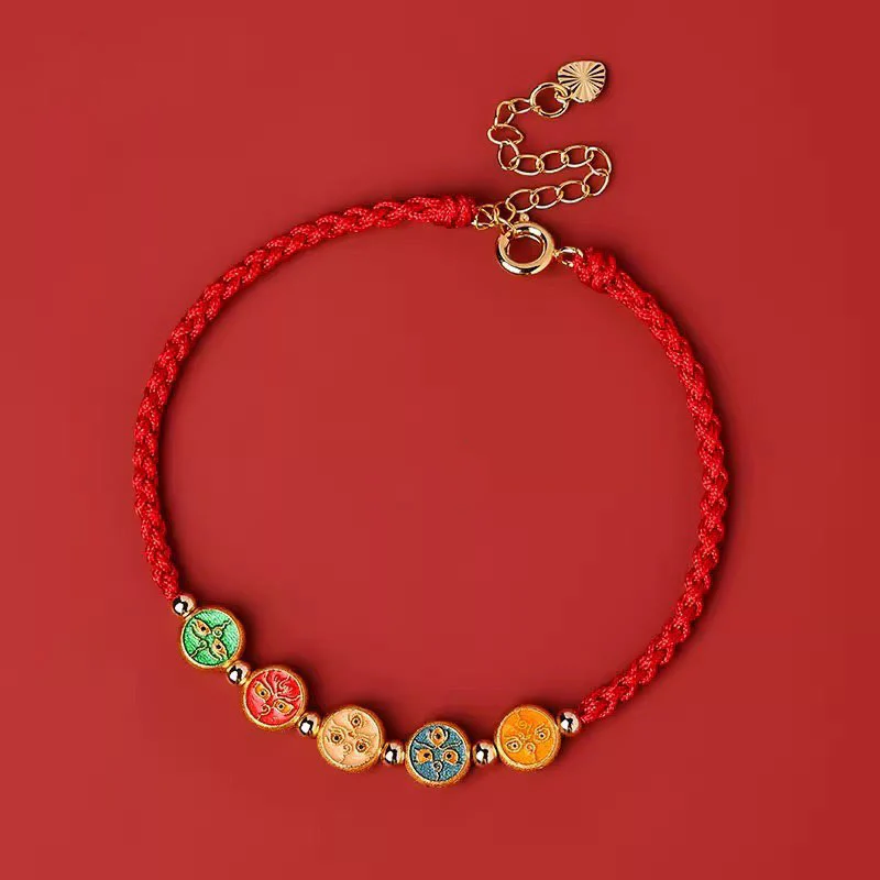 Bracciale Buddha Stones Red String 925 Sterling Silver Five Ways God Of Wealth Connection