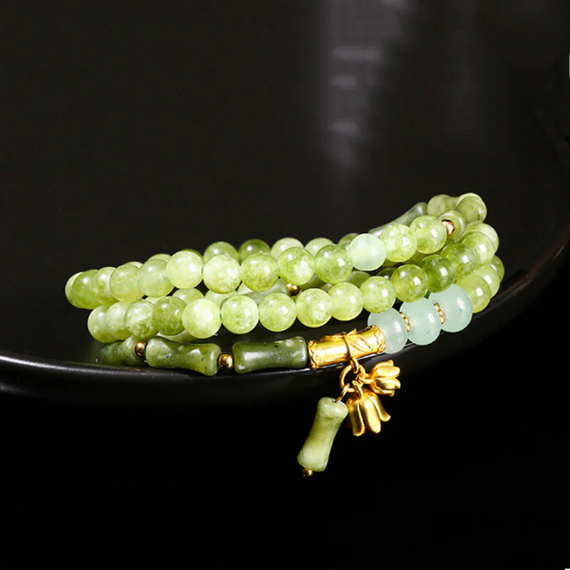 Bracciale Buddha Stones Retro Multistrato Mughetto Bambù Calcedonio Verde Forza