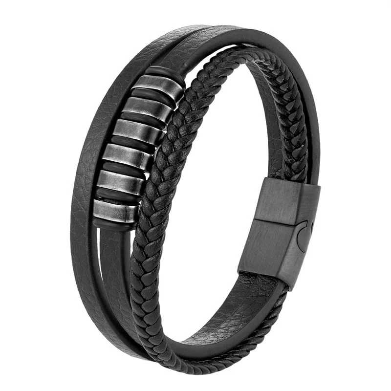 Bracciale Buddha Stones semplice in acciaio al titanio intrecciato con fibbia in pelle a tre strati e calmante