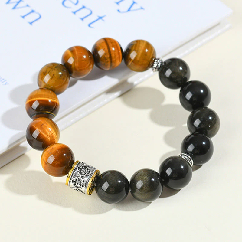 Bracciale Buddha Stones Tiger Eye Oro Lucente Ossidiana Om Mani Padme Hum - Image 2