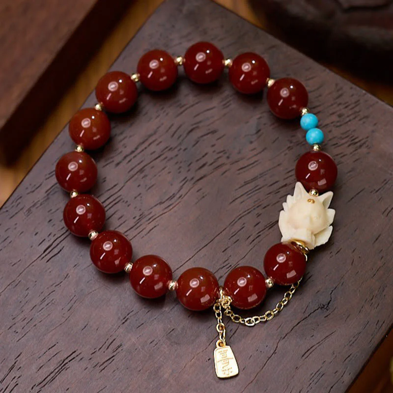 Bracciale Buddha Stones , Volpe a nove code, Gioia, Agata rossa, Avorio, Frutto, Rame, Placcato oro, Fiducia - Image 2