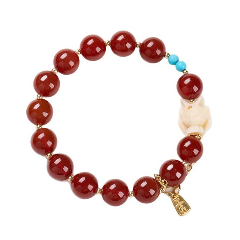 Bracciale Buddha Stones , Volpe a nove code, Gioia, Agata rossa, Avorio, Frutto, Rame, Placcato oro, Fiducia - Image 6