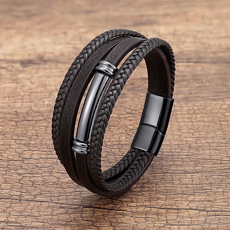 Bracciale con bilanciere in acciaio e titanio in pelle multistrato con design semplice Buddha Stones