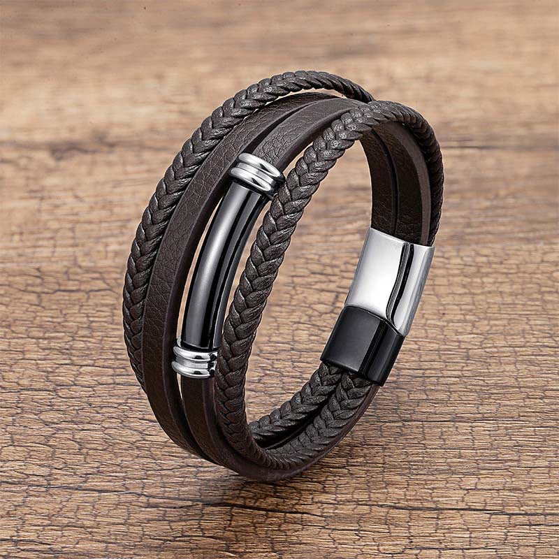 Bracciale con bilanciere in acciaio e titanio in pelle multistrato con design semplice Buddha Stones - Image 10