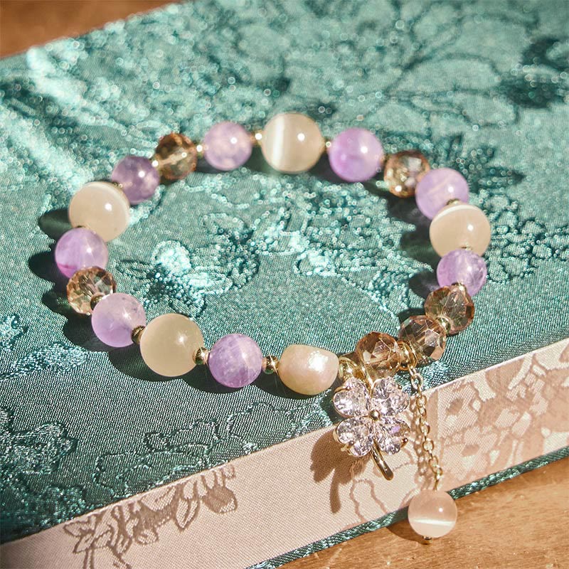 Bracciale con bilanciere in quarzo rutilato, ametista, citrino, quadrifoglio e quarzo fragola verde Buddha Stones - Image 3
