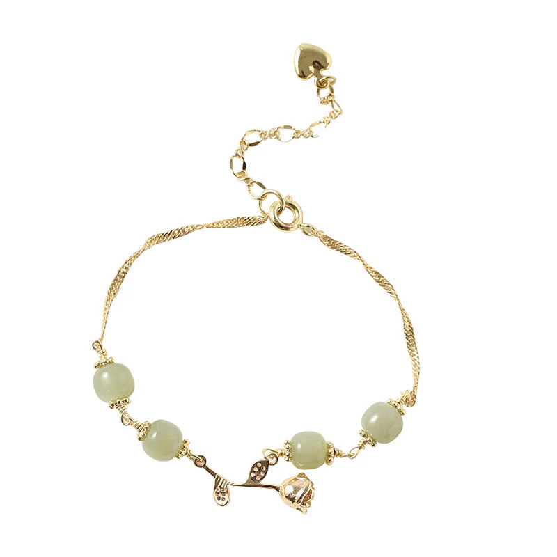 Bracciale con catena portafortuna in giada Hetian placcata in oro 14K con fiore di rosa dorata e Buddha Stones - Image 12