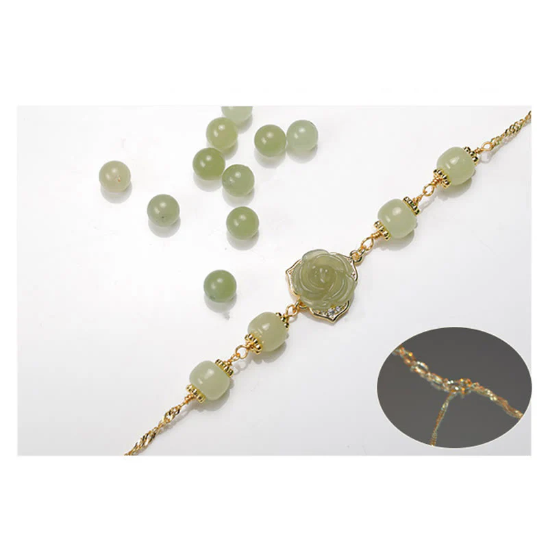 Bracciale con catena portafortuna in giada Hetian placcata in oro 14K con fiore rosa Buddha Stones - Image 14
