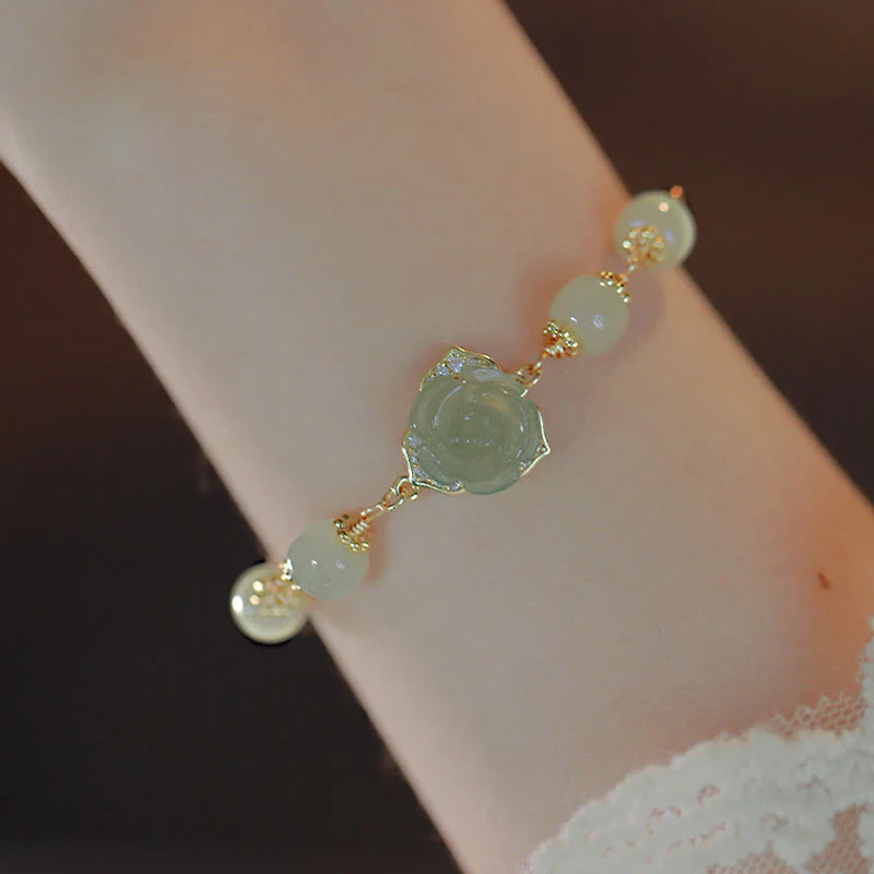 Bracciale con catena portafortuna in giada Hetian placcata in oro 14K con fiore rosa Buddha Stones - Image 2