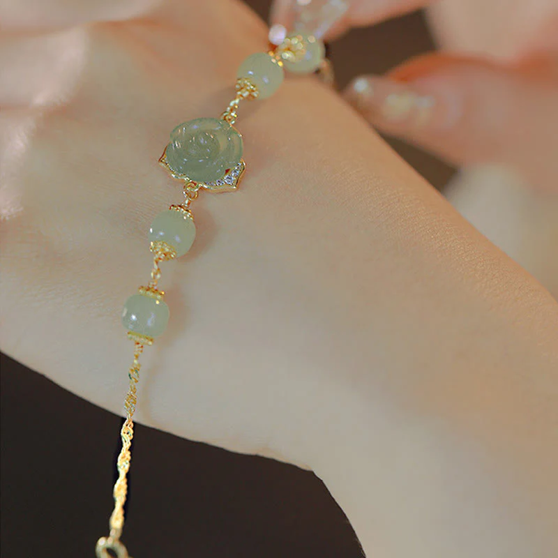 Bracciale con catena portafortuna in giada Hetian placcata in oro 14K con fiore rosa Buddha Stones - Image 3