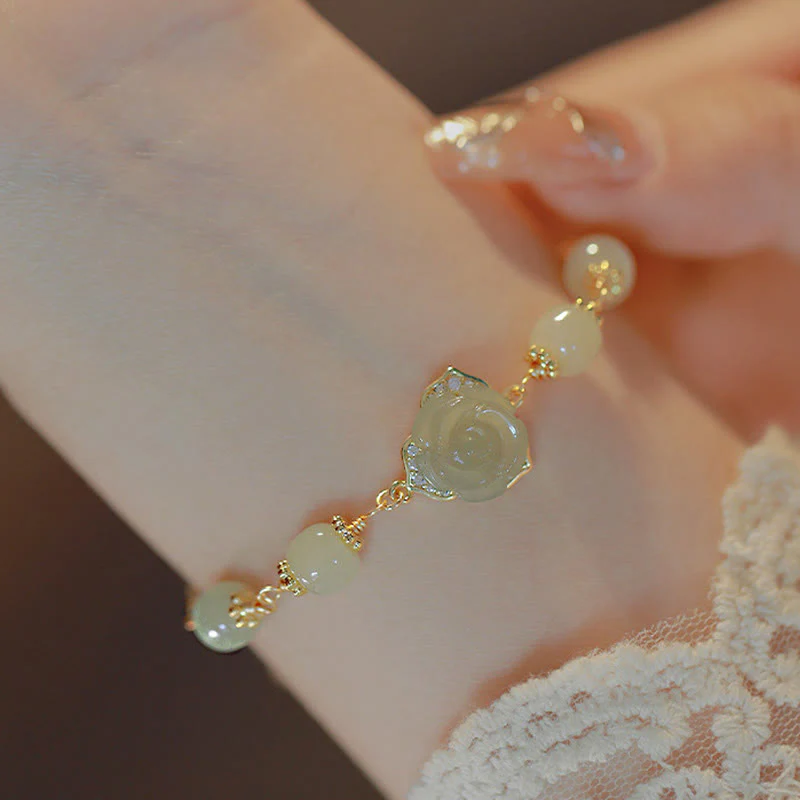 Bracciale con catena portafortuna in giada Hetian placcata in oro 14K con fiore rosa Buddha Stones - Image 4