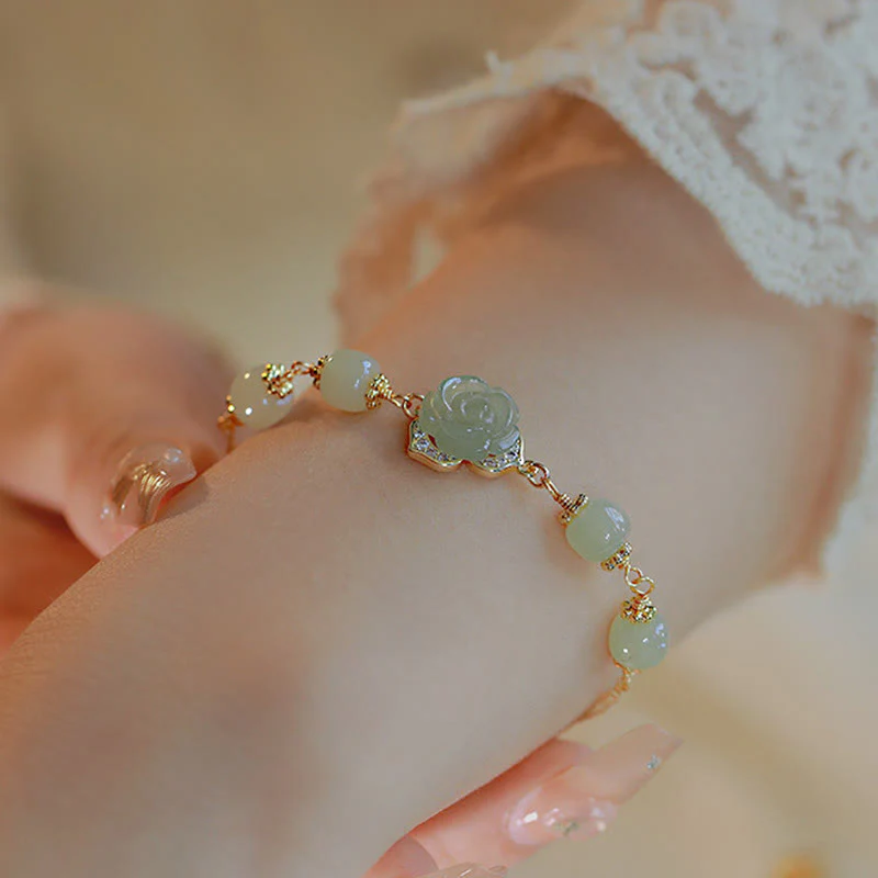 Bracciale con catena portafortuna in giada Hetian placcata in oro 14K con fiore rosa Buddha Stones - Image 5