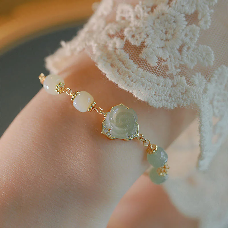 Bracciale con catena portafortuna in giada Hetian placcata in oro 14K con fiore rosa Buddha Stones - Image 7