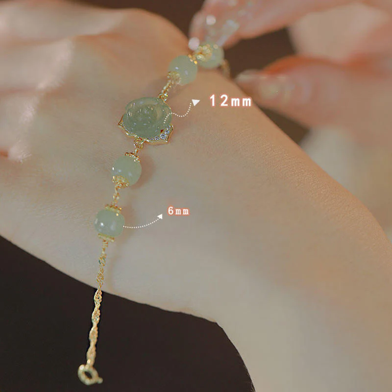 Bracciale con catena portafortuna in giada Hetian placcata in oro 14K con fiore rosa Buddha Stones - Image 8